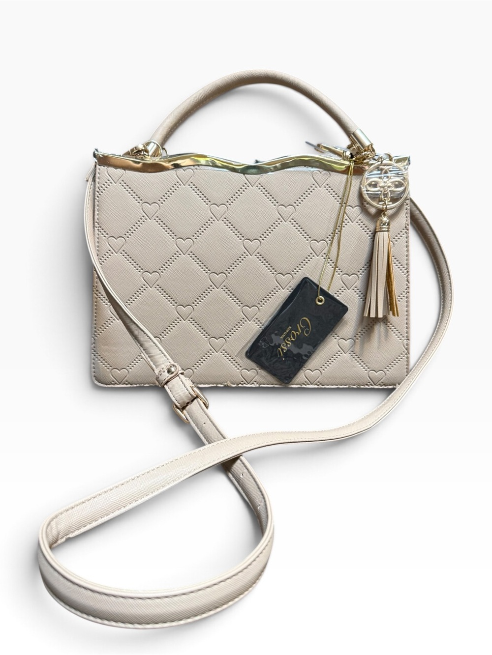 Heart-Quilted Crossbody Satchel in Beige with Tassel Charm